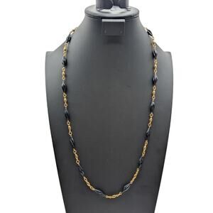 Vintage Trifari Gold Tone Black Carved Twisted Cylinder Glass Bead 31" Necklace